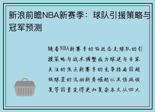 新浪前瞻NBA新赛季：球队引援策略与冠军预测