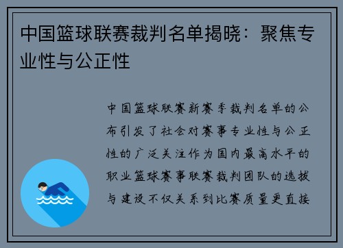 中国篮球联赛裁判名单揭晓：聚焦专业性与公正性
