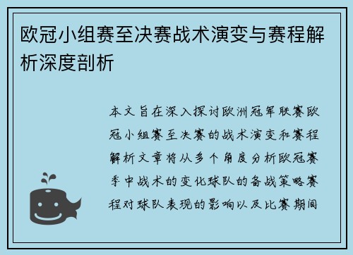 欧冠小组赛至决赛战术演变与赛程解析深度剖析