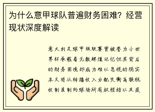 为什么意甲球队普遍财务困难？经营现状深度解读