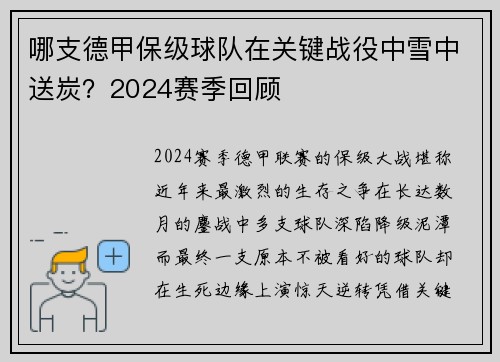 哪支德甲保级球队在关键战役中雪中送炭？2024赛季回顾