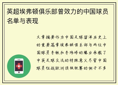 英超埃弗顿俱乐部曾效力的中国球员名单与表现