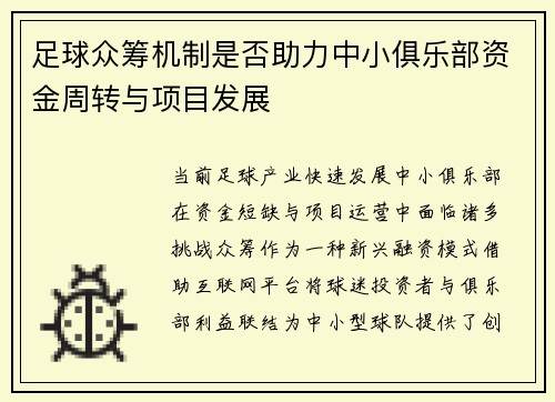 足球众筹机制是否助力中小俱乐部资金周转与项目发展